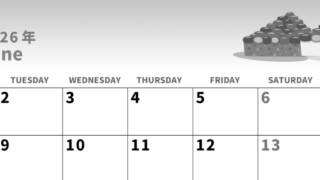 2026年6月横型モノクロの月曜始まり 水無月イラストのかわいいA4無料白黒カレンダー(2026-00280601)