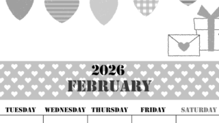 2026年2月縦型モノクロの月曜始まり ラブレターイラストのかわいいA4無料白黒カレンダー(2026-00290211)