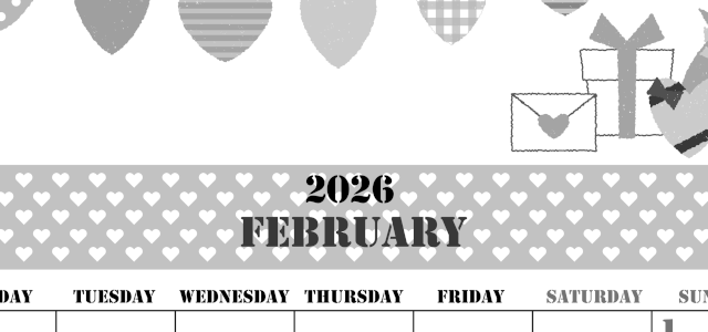 2026年2月縦型モノクロの月曜始まり ラブレターイラストのかわいいA4無料白黒カレンダー(2026-00290211)