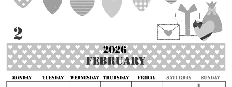 2026年2月縦型モノクロの月曜始まり ラブレターイラストのかわいいA4無料白黒カレンダー(2026-00290211)