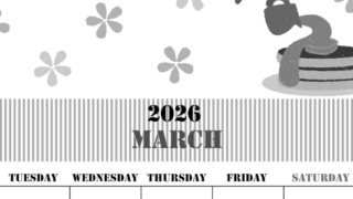 2026年3月縦型モノクロの月曜始まり パンケーキイラストのかわいいA4無料白黒カレンダー(2026-00290311)