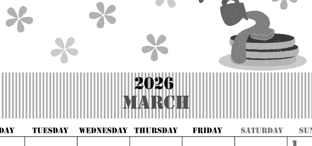 2026年3月縦型モノクロの月曜始まり パンケーキイラストのかわいいA4無料白黒カレンダー(2026-00290311)