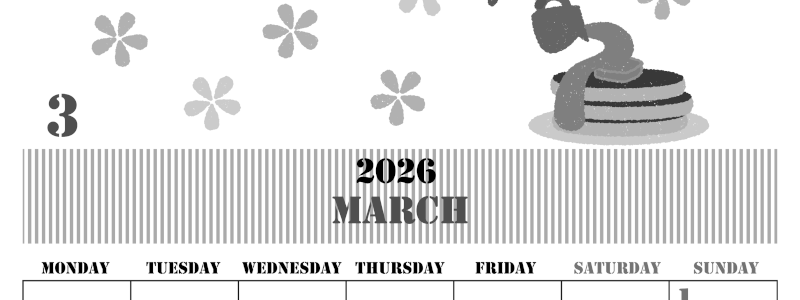 2026年3月縦型モノクロの月曜始まり パンケーキイラストのかわいいA4無料白黒カレンダー(2026-00290311)