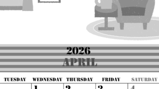 2026年4月縦型モノクロの月曜始まり 新生活イラストのかわいいA4無料白黒カレンダー(2026-00290411)