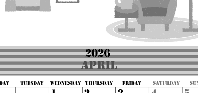 2026年4月縦型モノクロの月曜始まり 新生活イラストのかわいいA4無料白黒カレンダー(2026-00290411)