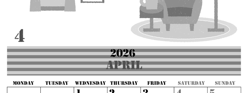 2026年4月縦型モノクロの月曜始まり 新生活イラストのかわいいA4無料白黒カレンダー(2026-00290411)