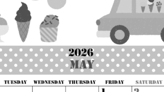 2026年5月縦型モノクロの月曜始まり アイスクリームのイラストがかわいいA4無料白黒カレンダー(2026-00290511)