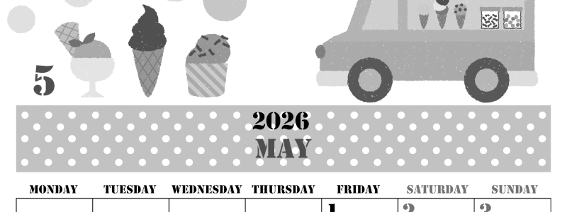 2026年5月縦型モノクロの月曜始まり アイスクリームのイラストがかわいいA4無料白黒カレンダー(2026-00290511)