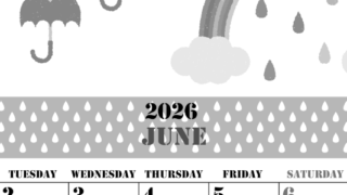 2026年6月縦型モノクロの月曜始まり 虹イラストのかわいいA4無料白黒カレンダー(2026-00290611)