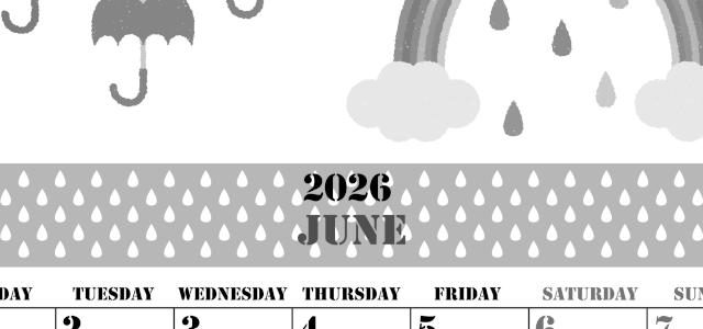 2026年6月縦型モノクロの月曜始まり 虹イラストのかわいいA4無料白黒カレンダー(2026-00290611)