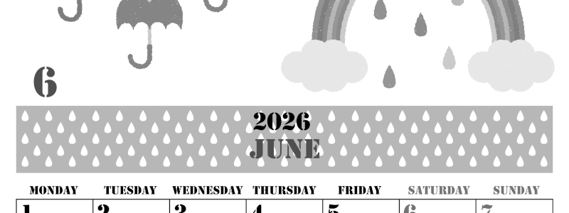 2026年6月縦型モノクロの月曜始まり 虹イラストのかわいいA4無料白黒カレンダー(2026-00290611)