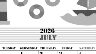 2026年7月縦型モノクロの月曜始まり マリンなイラストのかわいいA4無料白黒カレンダー(2026-00290711)
