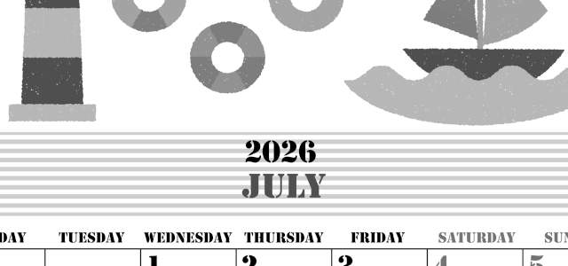 2026年7月縦型モノクロの月曜始まり マリンなイラストのかわいいA4無料白黒カレンダー(2026-00290711)