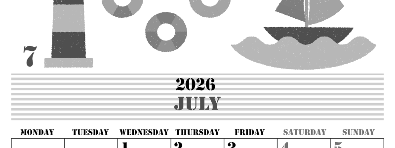 2026年7月縦型モノクロの月曜始まり マリンなイラストのかわいいA4無料白黒カレンダー(2026-00290711)