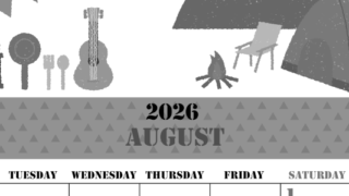 2026年8月縦型モノクロの月曜始まり 夏休みイラストのかわいいA4無料白黒カレンダー(2026-00290811)