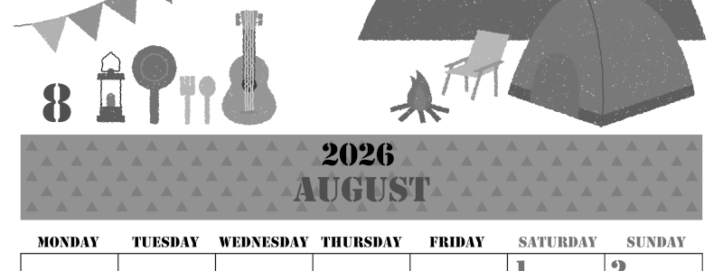 2026年8月縦型モノクロの月曜始まり 夏休みイラストのかわいいA4無料白黒カレンダー(2026-00290811)