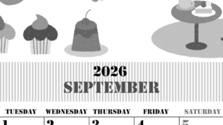 2026年9月縦型モノクロの月曜始まり 食欲の秋イラストのかわいいA4無料白黒カレンダー(2026-00290911)