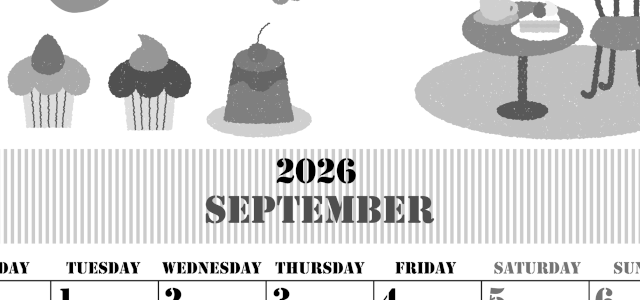 2026年9月縦型モノクロの月曜始まり 食欲の秋イラストのかわいいA4無料白黒カレンダー(2026-00290911)