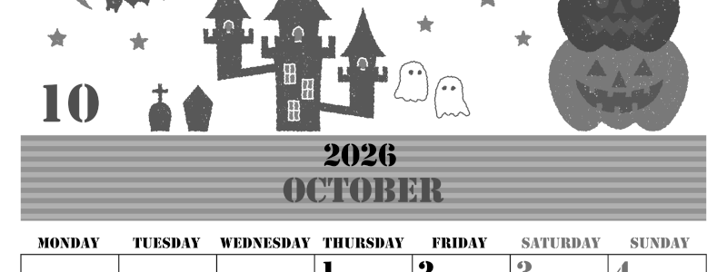 2026年10月縦型モノクロの月曜始まり ハロウィンイラストがかわいいA4無料白黒カレンダー(2026-00291011)