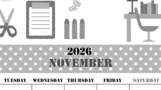 2026年11月縦型モノクロの月曜始まり 文房具イラストのかわいいA4無料白黒カレンダー(2026-00291111)
