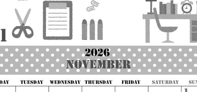 2026年11月縦型モノクロの月曜始まり 文房具イラストのかわいいA4無料白黒カレンダー(2026-00291111)