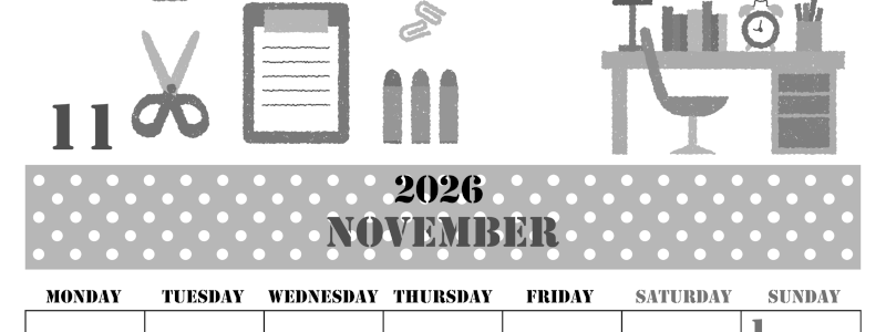 2026年11月縦型モノクロの月曜始まり 文房具イラストのかわいいA4無料白黒カレンダー(2026-00291111)