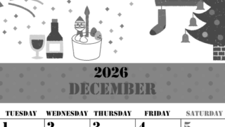 2026年12月縦型モノクロの月曜始まり パーティーのイラストがかわいいA4無料白黒カレンダー(2026-00291211)