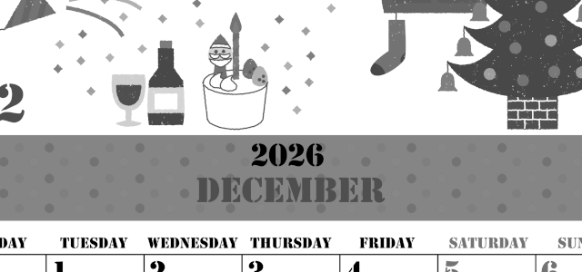 2026年12月縦型モノクロの月曜始まり パーティーのイラストがかわいいA4無料白黒カレンダー(2026-00291211)