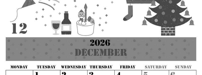 2026年12月縦型モノクロの月曜始まり パーティーのイラストがかわいいA4無料白黒カレンダー(2026-00291211)