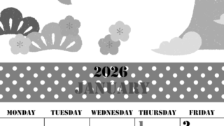 2026年1月縦型モノクロの日曜始まり A4富士山イラストのかわいいA4無料白黒カレンダー(2026-00290110)