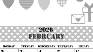 2026年2月縦型モノクロの日曜始まり ラブレターイラストのかわいいA4無料白黒カレンダー(2026-00290210)