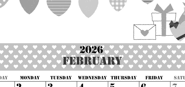 2026年2月縦型モノクロの日曜始まり ラブレターイラストのかわいいA4無料白黒カレンダー(2026-00290210)
