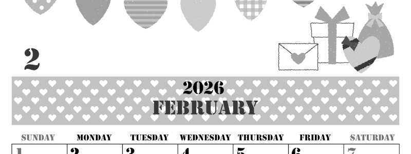 2026年2月縦型モノクロの日曜始まり ラブレターイラストのかわいいA4無料白黒カレンダー(2026-00290210)