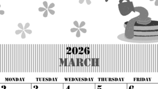 2026年3月縦型モノクロの日曜始まり パンケーキイラストのかわいいA4無料白黒カレンダー(2026-00290310)