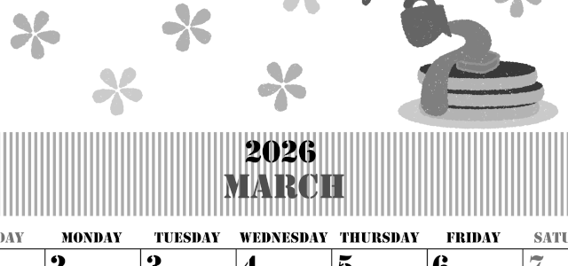 2026年3月縦型モノクロの日曜始まり パンケーキイラストのかわいいA4無料白黒カレンダー(2026-00290310)