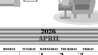 2026年4月縦型モノクロの日曜始まり 新生活イラストのかわいいA4無料白黒カレンダー(2026-00290410)