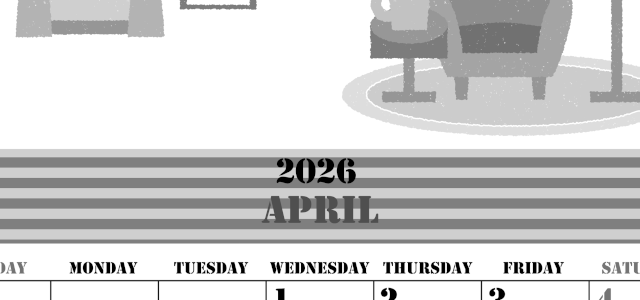 2026年4月縦型モノクロの日曜始まり 新生活イラストのかわいいA4無料白黒カレンダー(2026-00290410)
