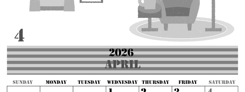 2026年4月縦型モノクロの日曜始まり 新生活イラストのかわいいA4無料白黒カレンダー(2026-00290410)