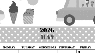 2026年5月縦型モノクロの日曜始まり アイスクリームのイラストがかわいいA4無料白黒カレンダー(2026-00290510)