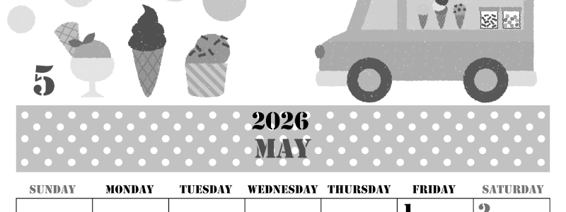 2026年5月縦型モノクロの日曜始まり アイスクリームのイラストがかわいいA4無料白黒カレンダー(2026-00290510)