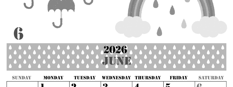 2026年6月縦型モノクロの日曜始まり 虹イラストのかわいいA4無料白黒カレンダー(2026-00290610)