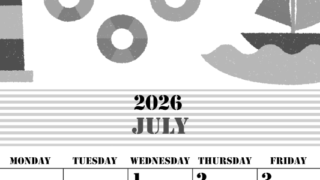 2026年7月縦型モノクロの日曜始まり マリンなイラストのかわいいA4無料白黒カレンダー(2026-00290710)