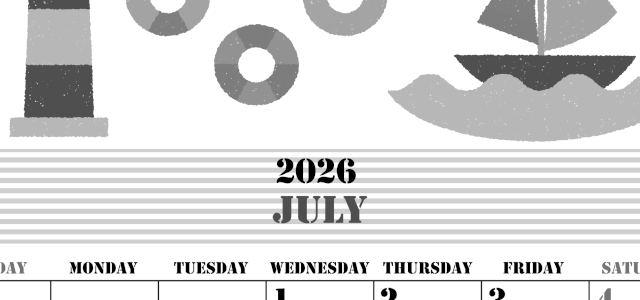 2026年7月縦型モノクロの日曜始まり マリンなイラストのかわいいA4無料白黒カレンダー(2026-00290710)