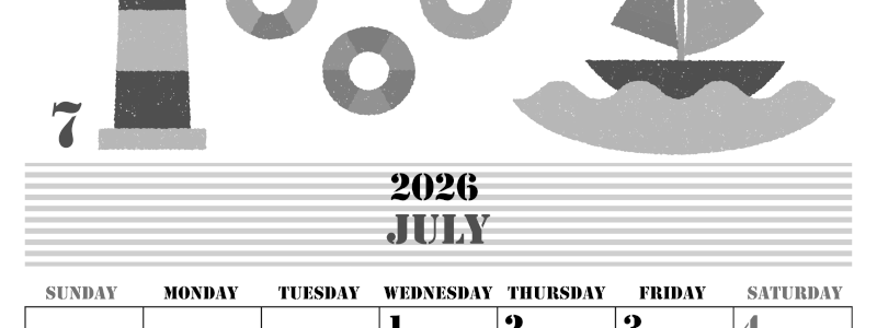2026年7月縦型モノクロの日曜始まり マリンなイラストのかわいいA4無料白黒カレンダー(2026-00290710)