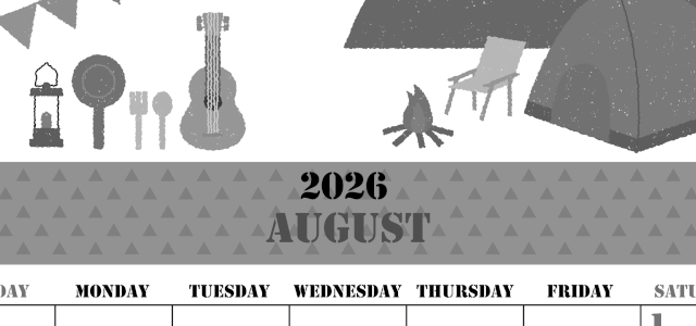 2026年8月縦型モノクロの日曜始まり 夏休みイラストのかわいいA4無料白黒カレンダー(2026-00290810)