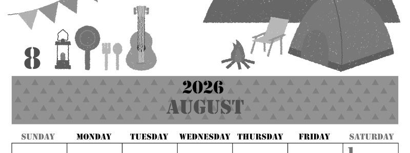 2026年8月縦型モノクロの日曜始まり 夏休みイラストのかわいいA4無料白黒カレンダー(2026-00290810)