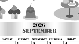 2026年9月縦型モノクロの日曜始まり 食欲の秋イラストのかわいいA4無料白黒カレンダー(2026-00290910)