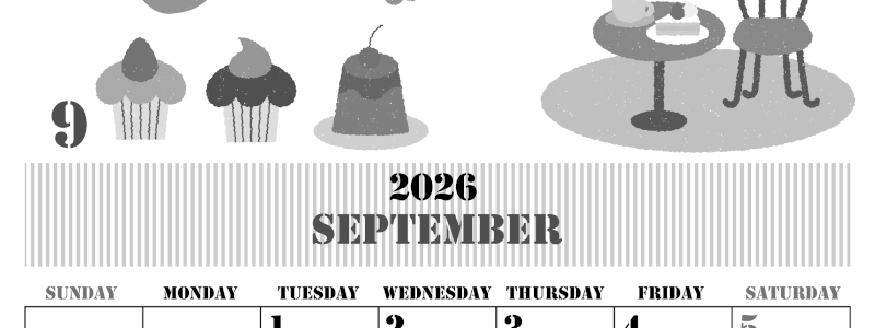 2026年9月縦型モノクロの日曜始まり 食欲の秋イラストのかわいいA4無料白黒カレンダー(2026-00290910)