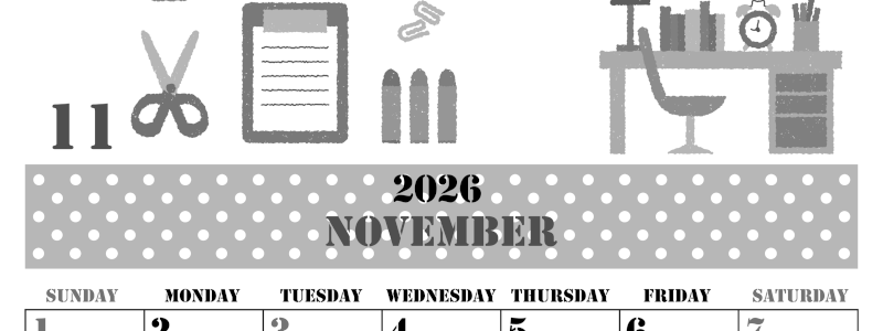 2026年11月縦型モノクロの日曜始まり 文房具イラストのかわいいA4無料白黒カレンダー(2026-00291110)