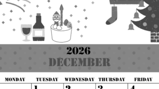 2026年12月縦型モノクロの日曜始まり パーティーのイラストがかわいいA4無料白黒カレンダー(2026-00291210)